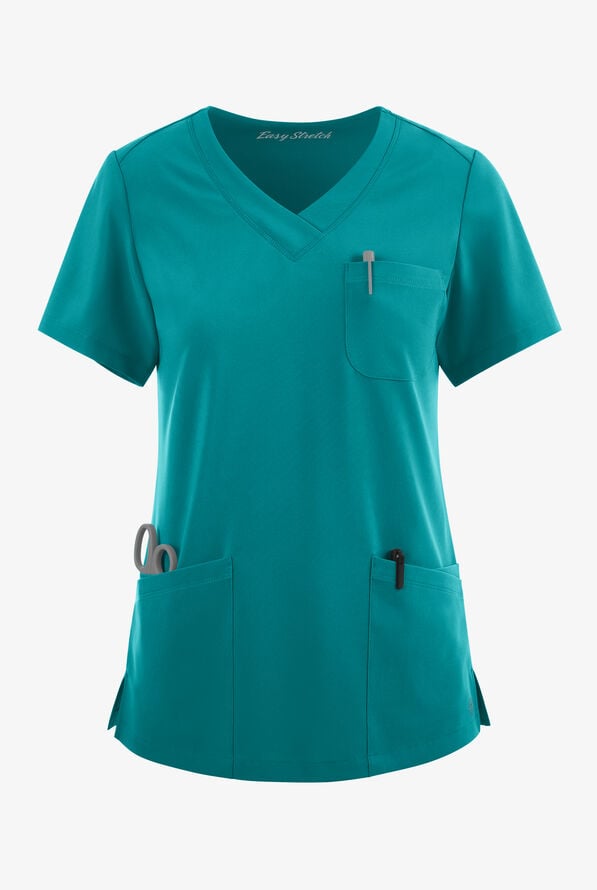 Easy STRETCH Tessa Women's 5-Pocket V-Neck Scrub Top - Teal - 1