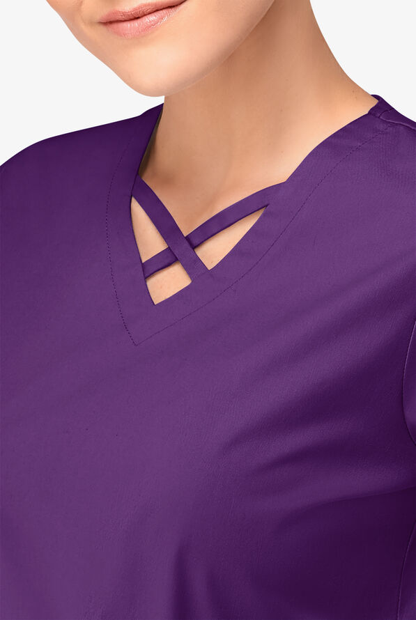Blusa m&eacute;dica UA Butter-Soft STRETCH con lazos entrecruzados y 4 bolsillos para mujer - Eggplant - 3