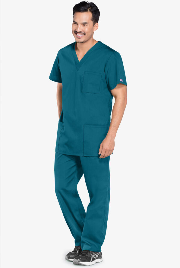 Cherokee Workwear Unisex 3-Pocket V-Neck Scrub Top - Caribbean Blue - 2