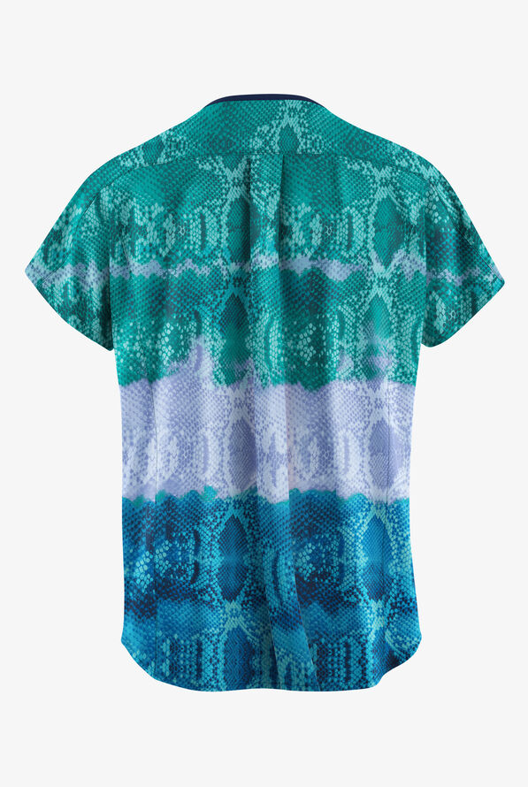 Easy STRETCH Wild Border Teal Women's 2-Pocket Dolman Sleeve V-Neck Print Scrub Top - null - 2