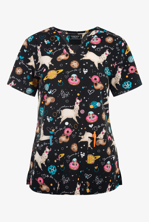 Blusa médica estampada Cherokee Space Snacks Llamas STRETCH con cuello en V y 2 bolsillos para mujer - null - 1