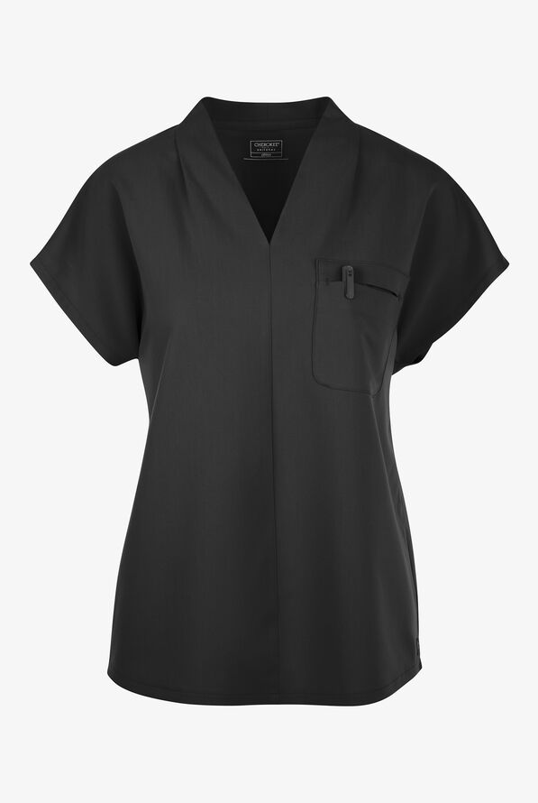 Cherokee Atmos Women's 1-Pocket STRETCH Dolman Sleeve Tuck In V-Neck Scrub Top - Black - 1
