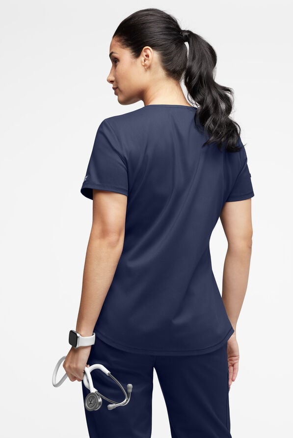 UA Exclusive Cherokee Workwear Revolution Women's 2-Pocket STRETCH Mesh Trim V-Neck Scrub Top - Navy - 3