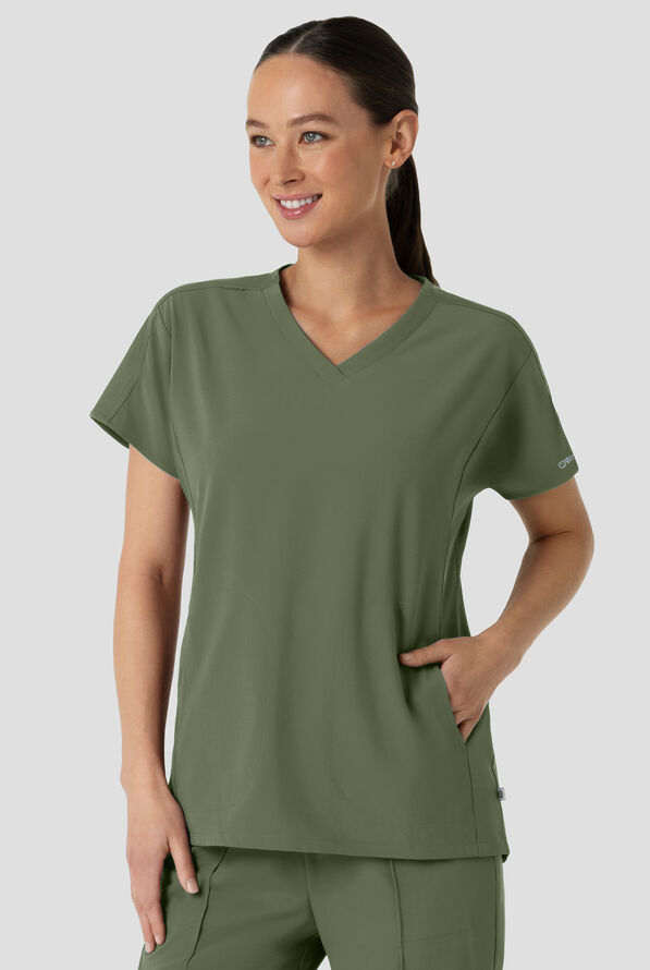 Wink Renew Women's 2-Pocket STRETCH Knit-Trim Dolman Tunic V-Neck Scrub Top - Olive - 3
