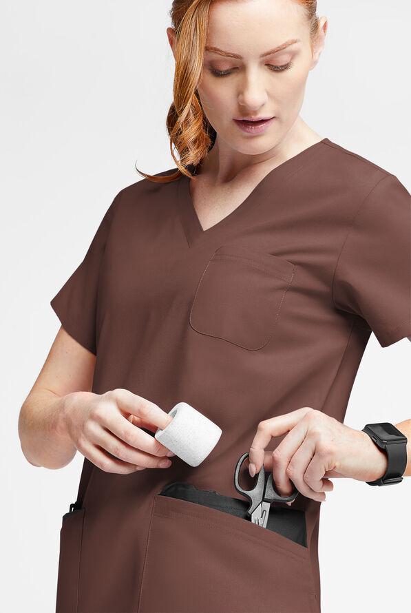 Butter-Soft Originals Women's 7-Pocket Curved V-Neck Scrub Top - French Roast / Black - 4