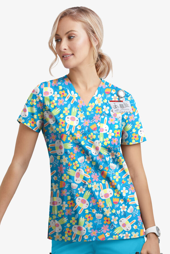 Butter-Soft STRETCH Easter Fun Turquoise Women's 1-Pocket Tuck-In V-Neck Print Scrub Top - null - 2
