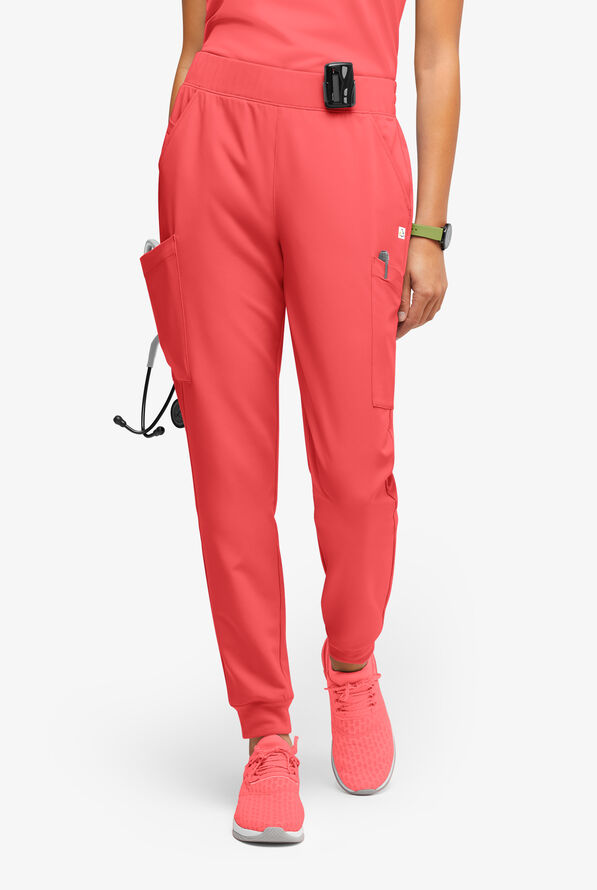 ReSurge Amber Women's Modern 7-Pocket Flat Front Slim Leg Jogger Scrub Pants - Petite - Coral Fizz - 1