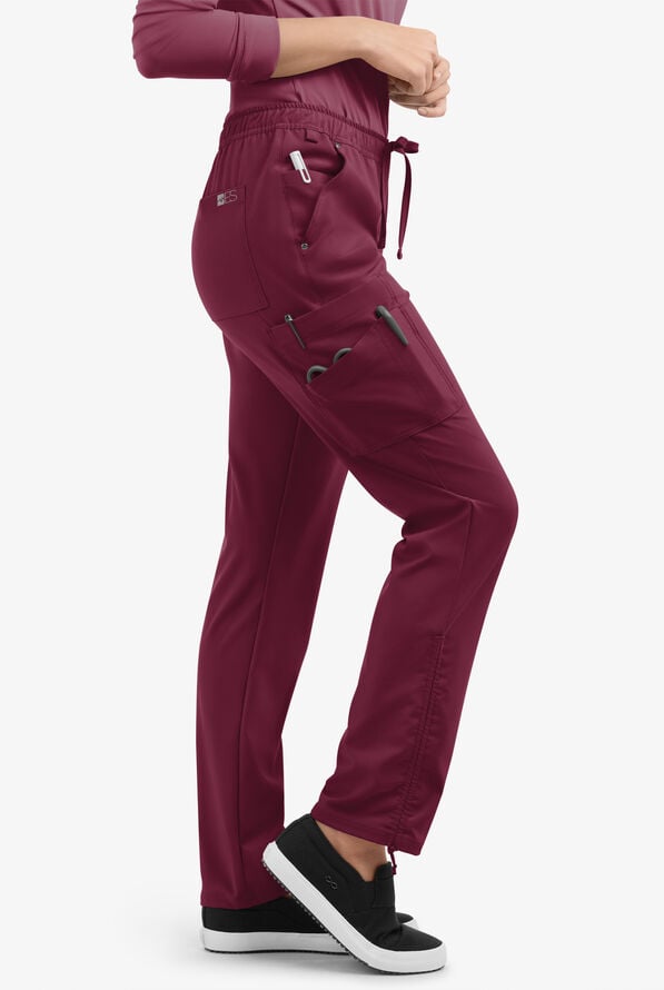 Easy STRETCH Halle Women's 11-Pocket Ruched Leg Jogger Scrub Pants - Petite - Wine - 2