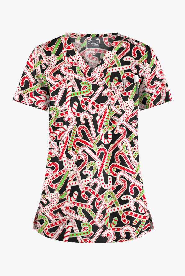 Butter-Soft Noel Candy Canes Women's 1-Pocket V-Neck Tuck-In Print Scrub Top - null - 1