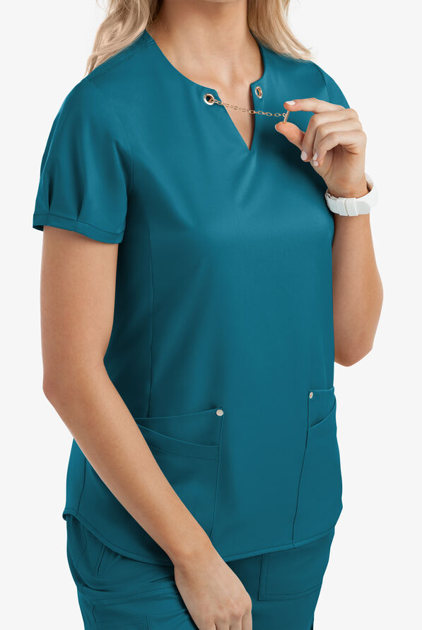 Lauderdale By UA Bahia Women's 4-Pocket Notch Neck STRETCH Scrub Top - Caribbean Blue - 4