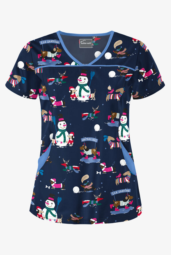 Butter-Soft Holiday Fun Navy Women's 4-Pocket Princess Seam Printed Scrub Top - null - 1