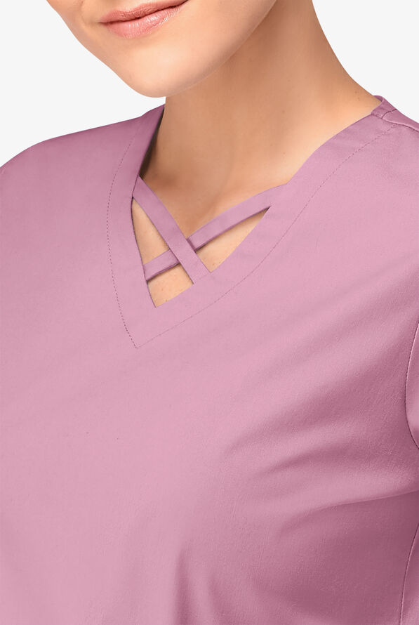 Blusa m&eacute;dica UA Butter-Soft STRETCH con lazos entrecruzados y 4 bolsillos para mujer - Cherry Blossom - 3