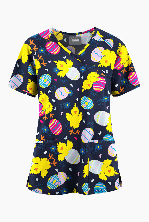 Butter-Soft Originals Easter Morning Navy Women's 3-Pocket Mock Wrap Raglan Sleeve Printed Scrub Top - null - 1