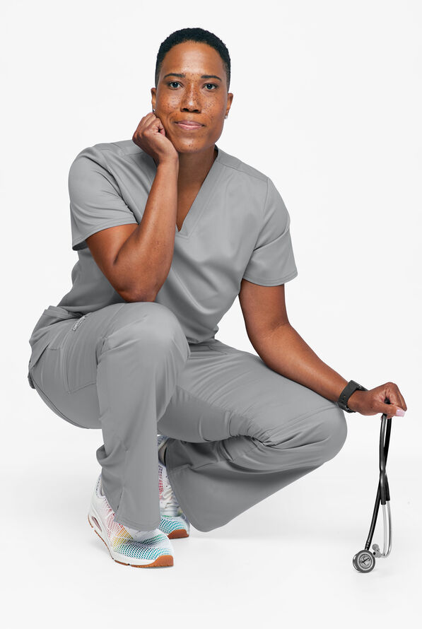 Cherokee Workwear Revolution Women's 3-Pocket STRETCH V-Neck Scrub Top - Grey - 3