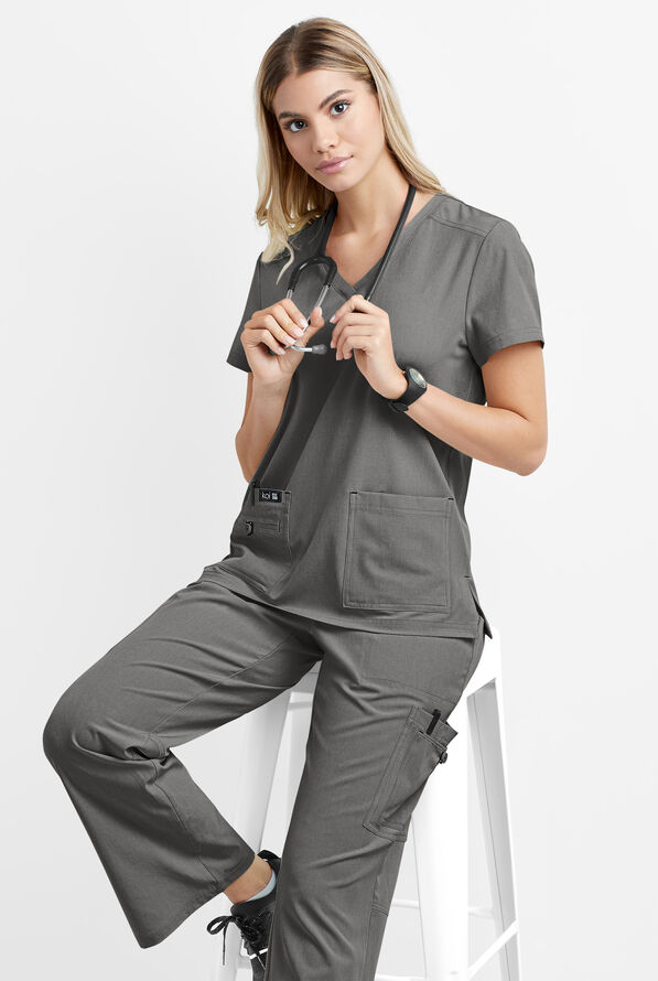 koi Basics Becca Women's 4-Pocket STRETCH V-Neck Scrub Top - Heather Grey - 4