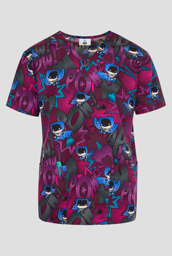 Tooniforms DC Comic Hero Men's 2-Pocket STRETCH V-Neck Print Scrub Top - null - 1