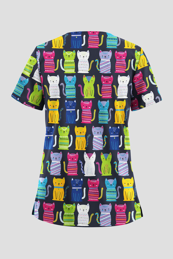 Butter-Soft STRETCH Just Purr-Fect Navy Women's 2-Pocket V-Neck Print Scrub Top - null - 2