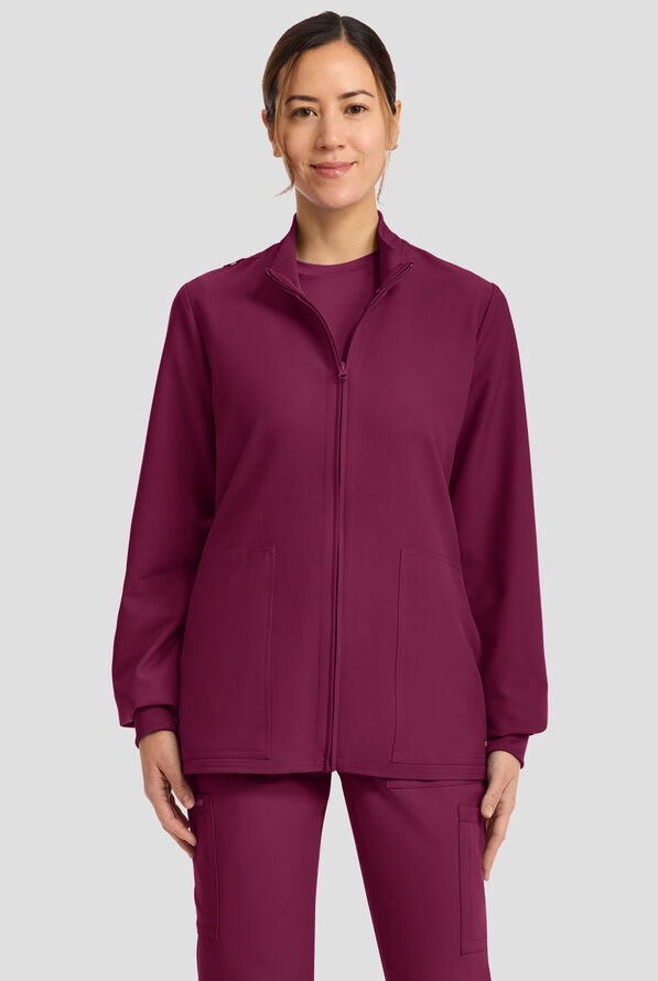 Cherokee Workwear Originals Ultra Women's 2-Pocket Crew Neck Zip Front Scrub Jacket - Wine - 2