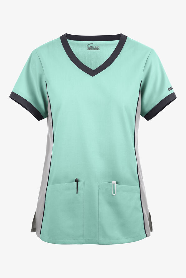 Blusa médica Butter-Soft Originals Tri-Colorblock con cuello en V y 4 bolsillos para mujer - Watermint/Silver/Pewter - 1