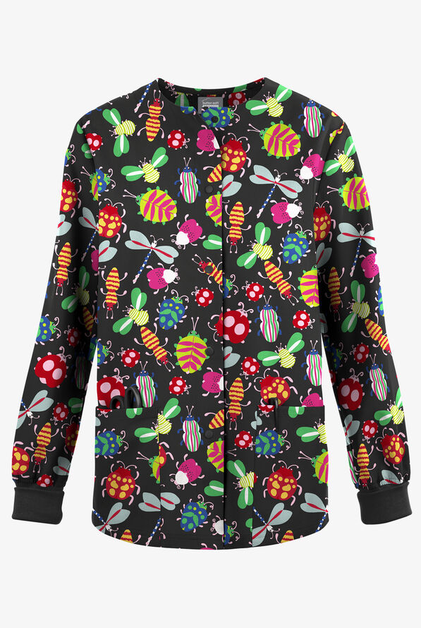 Butter-Soft Originals Happy Bugs Black Women's 3-Pocket Snap Front Print Scrub  Jacket - null - 1