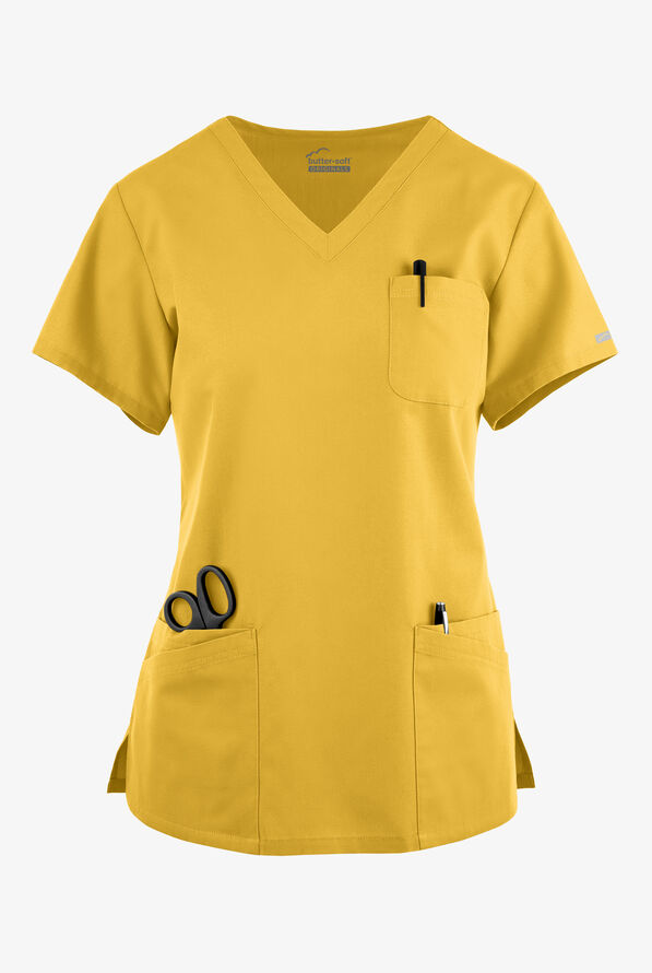 Blusa médica Butter-Soft Originals con cuello en V curvo y 7 bolsillos para mujer - Warm Sun - 1