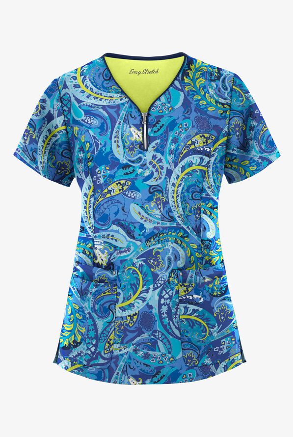 Easy STRETCH  Charming Swirls Fresh Lime Women's 4-Pocket Zipper Neck Print Scrub Top - null - 1