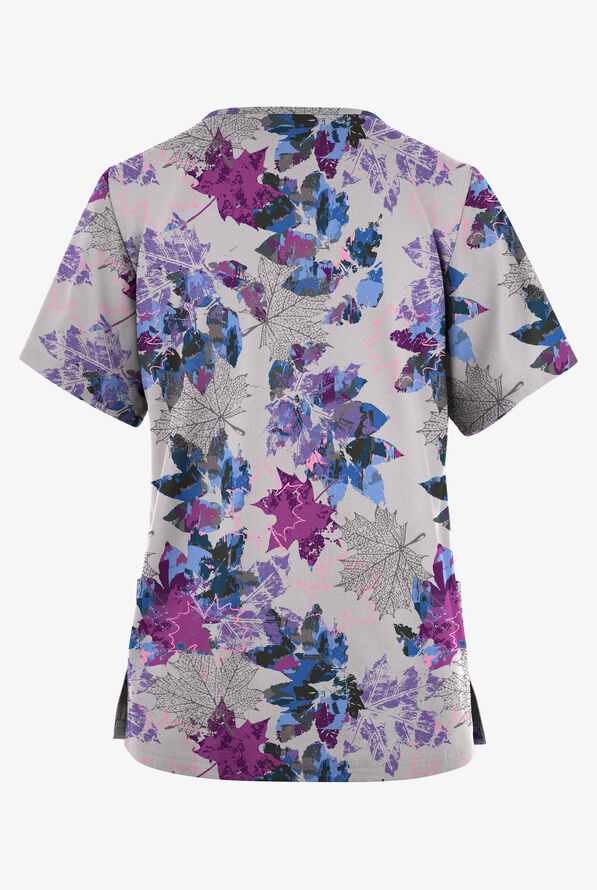 Blusa médica estampada Butter-Soft Originals Autumn Park Silver de corte clásico con cuello en V y 2 bolsillos para mujer - null - 2