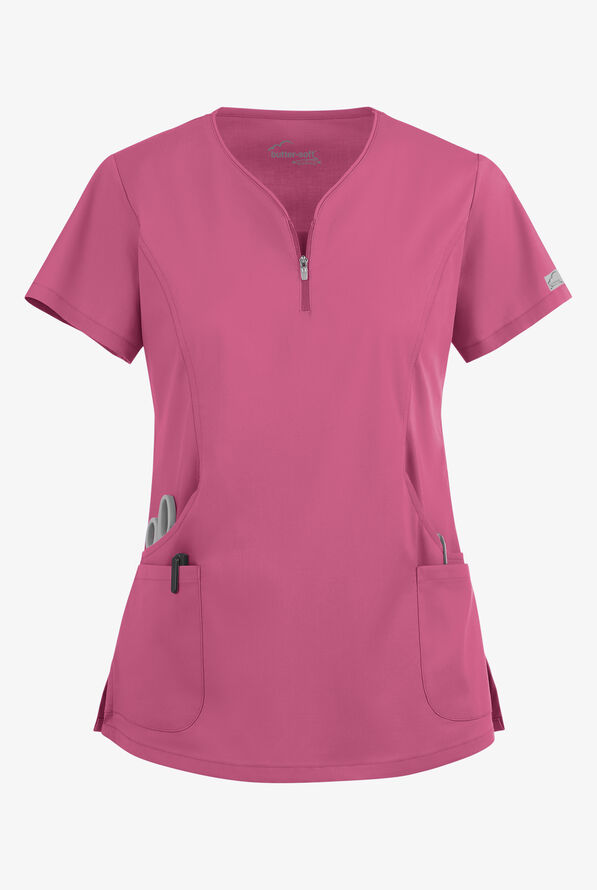 Butter-Soft STRETCH Women's 4-Pocket Curved Neck Zipper Scrub Top - Berry Haze - 1