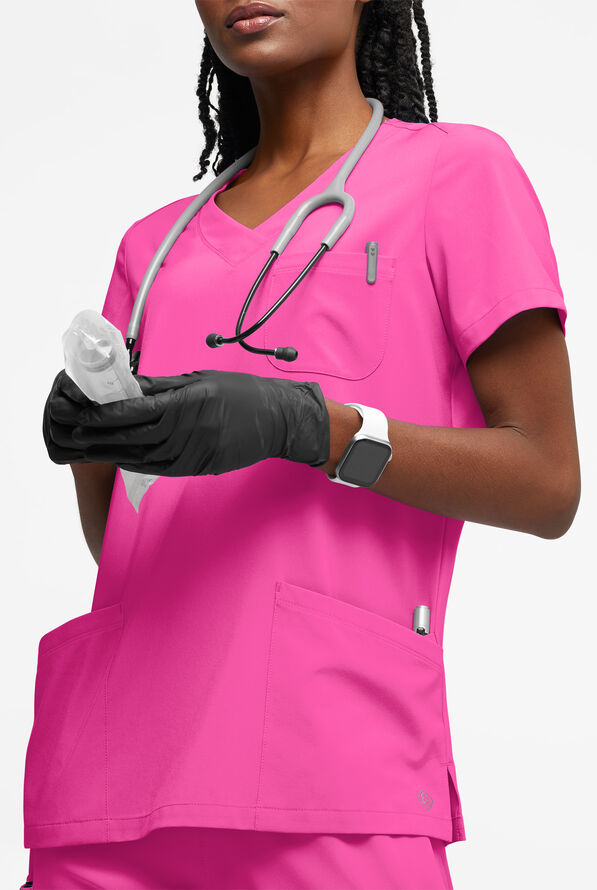 Easy STRETCH Tessa Women's 5-Pocket V-Neck Scrub Top - Glam Pink - 2