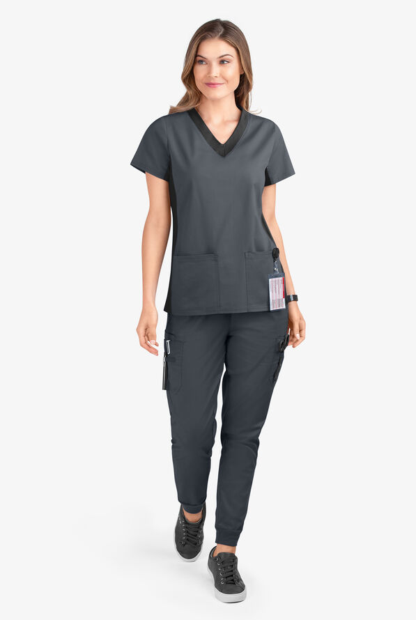 Butter-Soft STRETCH Women's 3-Pocket Contrast Scrub Top - Pewter/Black - 2