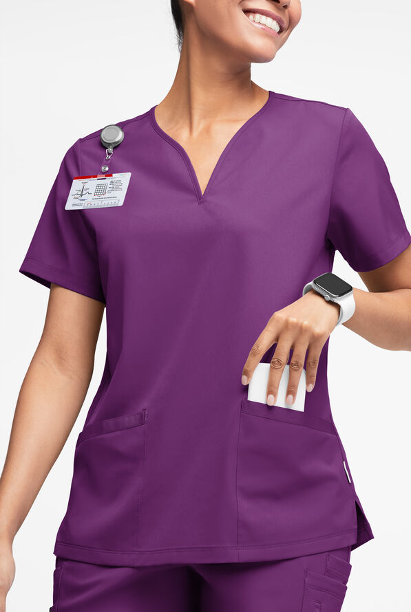 WhisperLite Dahlia Women's 4-Pocket Stretch Notched Neck Scrub Top - Eggplant - 1