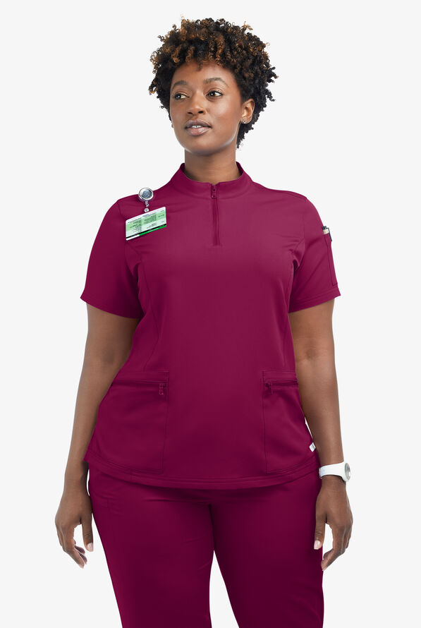 Butter-Soft Women's 5-Pocket Zipper Neck Short Sleeve Scrub Top **Slightly IRREGULAR** - Wine - 5