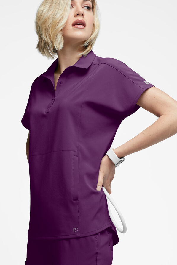Easy STRETCH LEA Women's 3-Pocket Polo Collar Scrub Top - Eggplant - 3