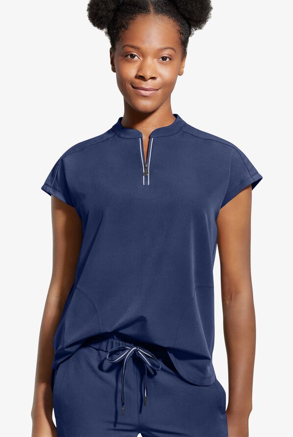 Healing Hands 360 Sandy Women's 2-Pocket STRETCH Dolman Sleeve Zip Mandarin Collar Scrub Top - Navy - 2