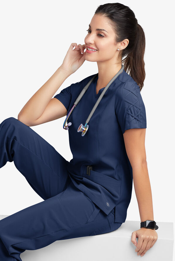 Easy STRETCH Kylie Woman's 5 Pocket V-Neck With Criss-Cross Detail Scrub Top - Navy - 8