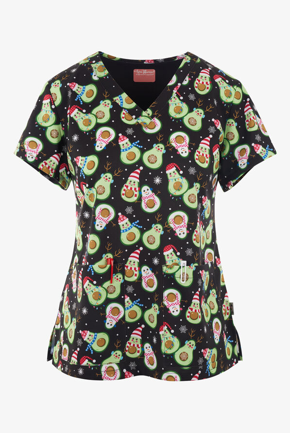  Zavate Ava Therese Jolly Avocado Snowmen  Women's 2-Pocket STRETCH V-Neck Print Scrub Top - null - 1
