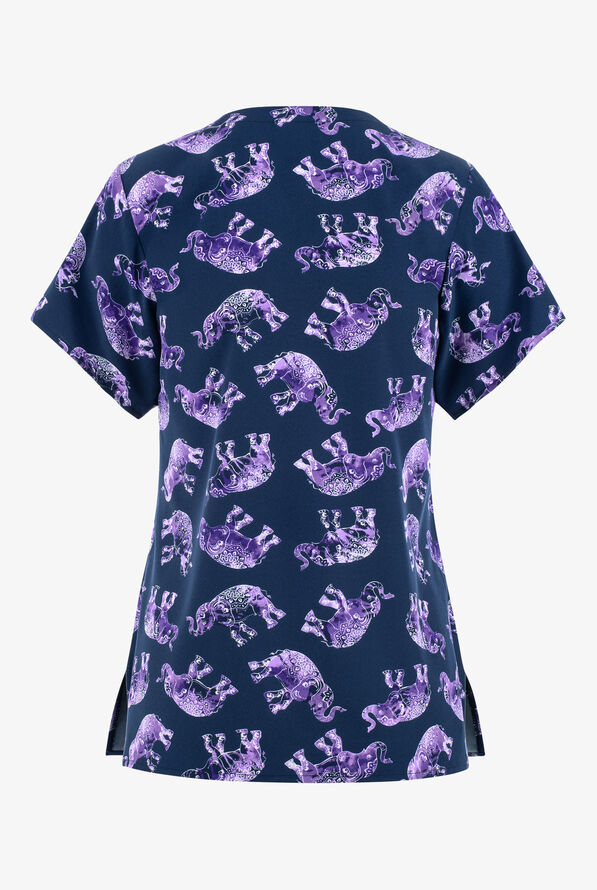  WonderWink Enchanted Elephants Women's 2-Pocket STRETCH V-Neck Print Scrub Top - null - 2