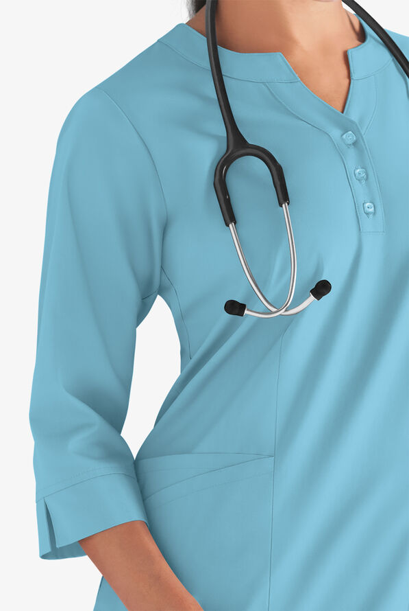 Butter-Soft STRETCH Women's 4-Pocket 3/4" Sleeve Round Neck Scrub Top - Poolside View - 3