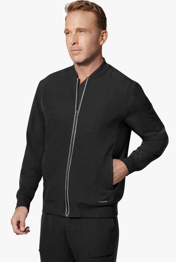 Healing Hands 360 Samuel Men's 6-Pocket STRETCH Zip-Up Bomber Scrub Jacket - Black - 2