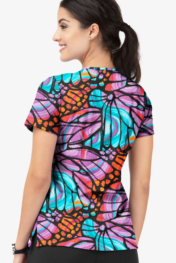 Easy STRETCH Onyx Butterflies Women's 4-Pocket Lace Up V-Neck Print Scrub Top - null - 3