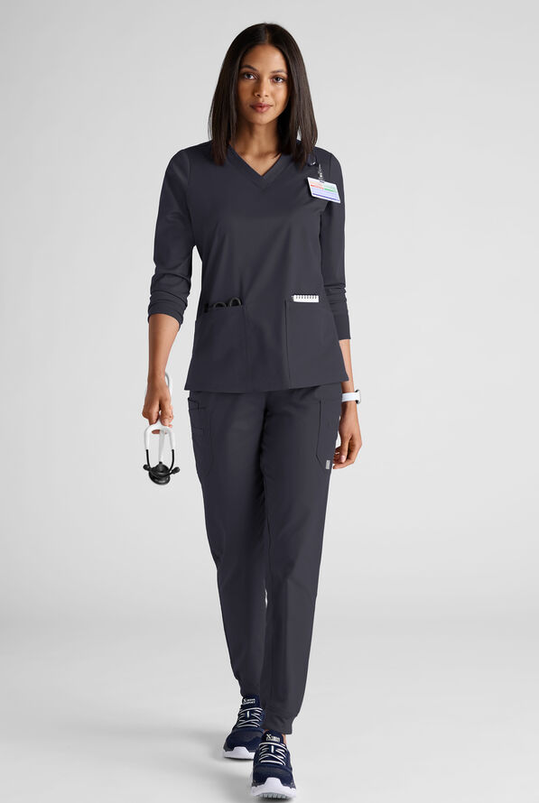 Butter-Soft STRETCH Women's 5-Pocket 3/4" Sleeve V-Neck Scrub Top - Pewter - 3