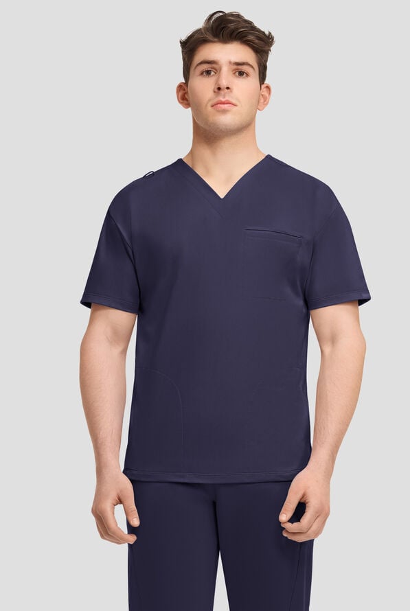 Cherokee Achieve Men's 3-Pocket STRETCH Relaxed V-Neck Knit Scrub Top - Navy - 1