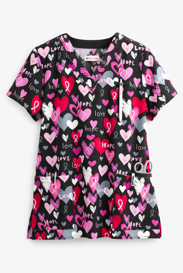 Blusa m&eacute;dica estampada White Cross Hope and Love con cuello en V y 3 bolsillos para mujer - null - 1