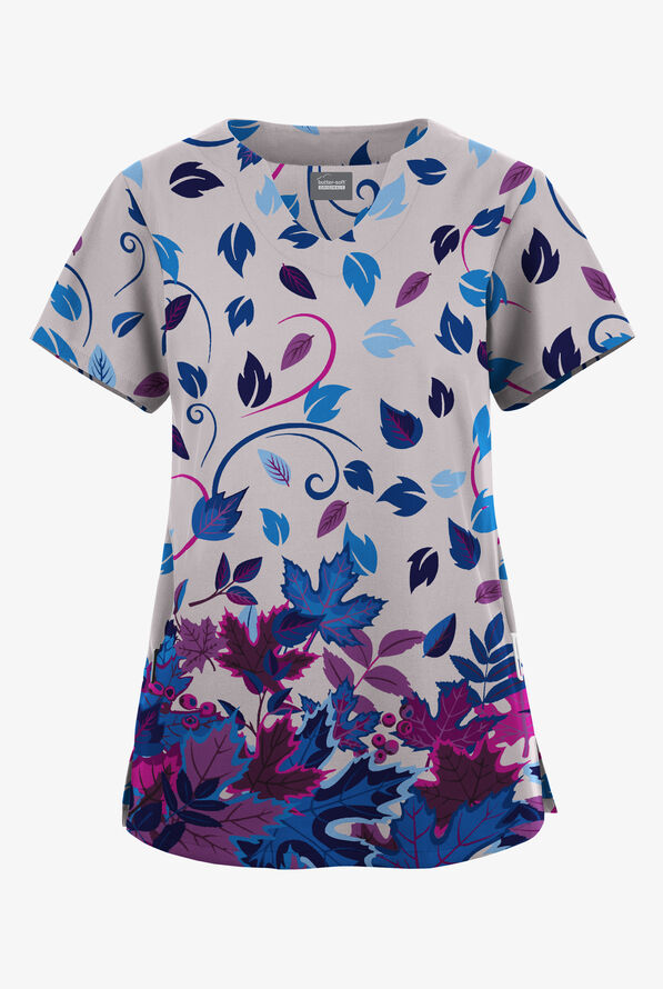 Blusa médica estampada Butter-Soft Originals Autumn Walk Silver con cuello festoneado y 2 bolsillos para mujer - null - 1