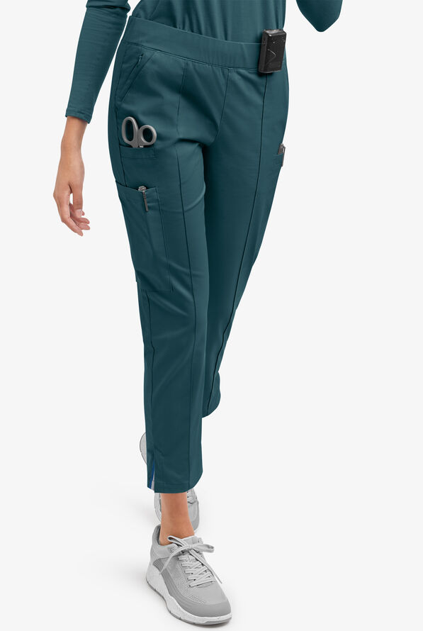 Butter-Soft STRETCH Women's 6-Pocket Pin-Tuck Crop Slim with Sport Trim Detail Scrub Pants - Caribbean Blue/Navy - 1