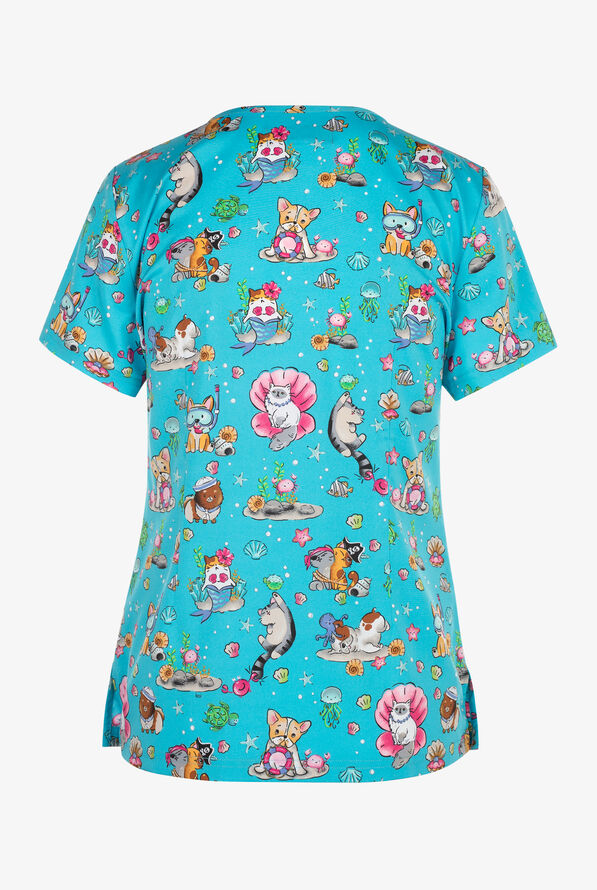 koi Basics Critters Under The Sea Women's 2-Pocket STRETCH V-Neck Print Scrub Top - null - 2