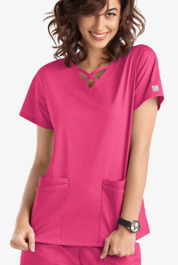 Blusa m&eacute;dica UA Butter-Soft STRETCH con lazos entrecruzados y 4 bolsillos para mujer - Fuchsia - 2