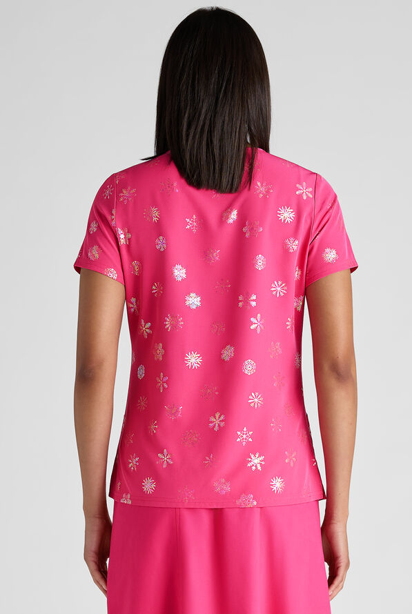 Butter-Soft STRETCH Shimmer Flurries Fuchsia Foil Women's 2-Pocket V-Neck Print Scrub Top - null - 5