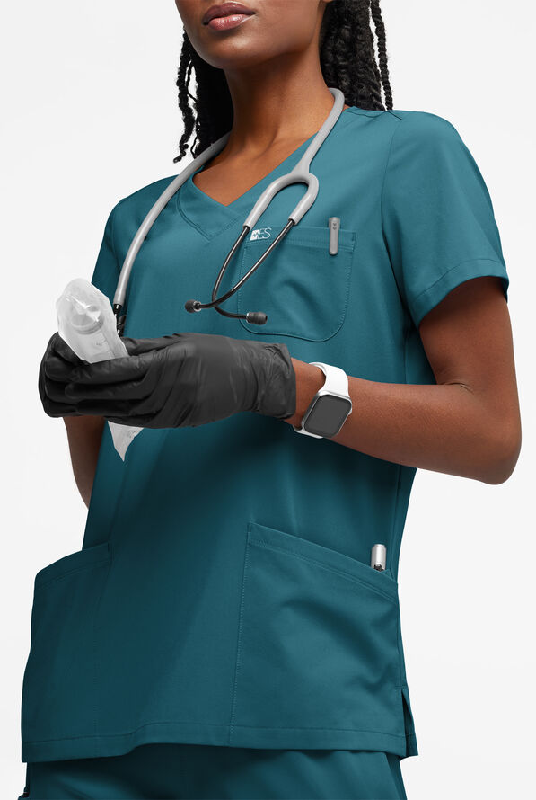 Easy STRETCH Tessa Women's 5-Pocket V-Neck Scrub Top - Caribbean Blue - 2
