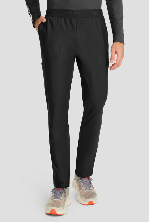 Infinity GNR8 Kinetic Knit Men's 6-Pocket STRETCH Logo Waistband Tapered Leg Cargo Scrub Pant - Black - 1